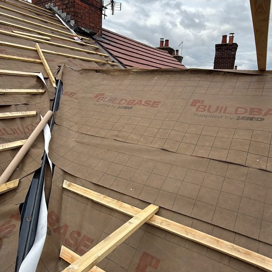 New membrane and battens — Gable re-roof, step by step, Lostock Gralam