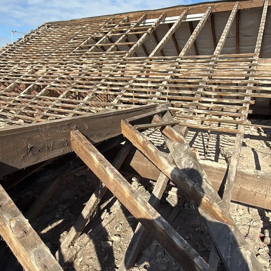 Old covering stripped off — Gable re-roof, step by step, Lostock Gralam